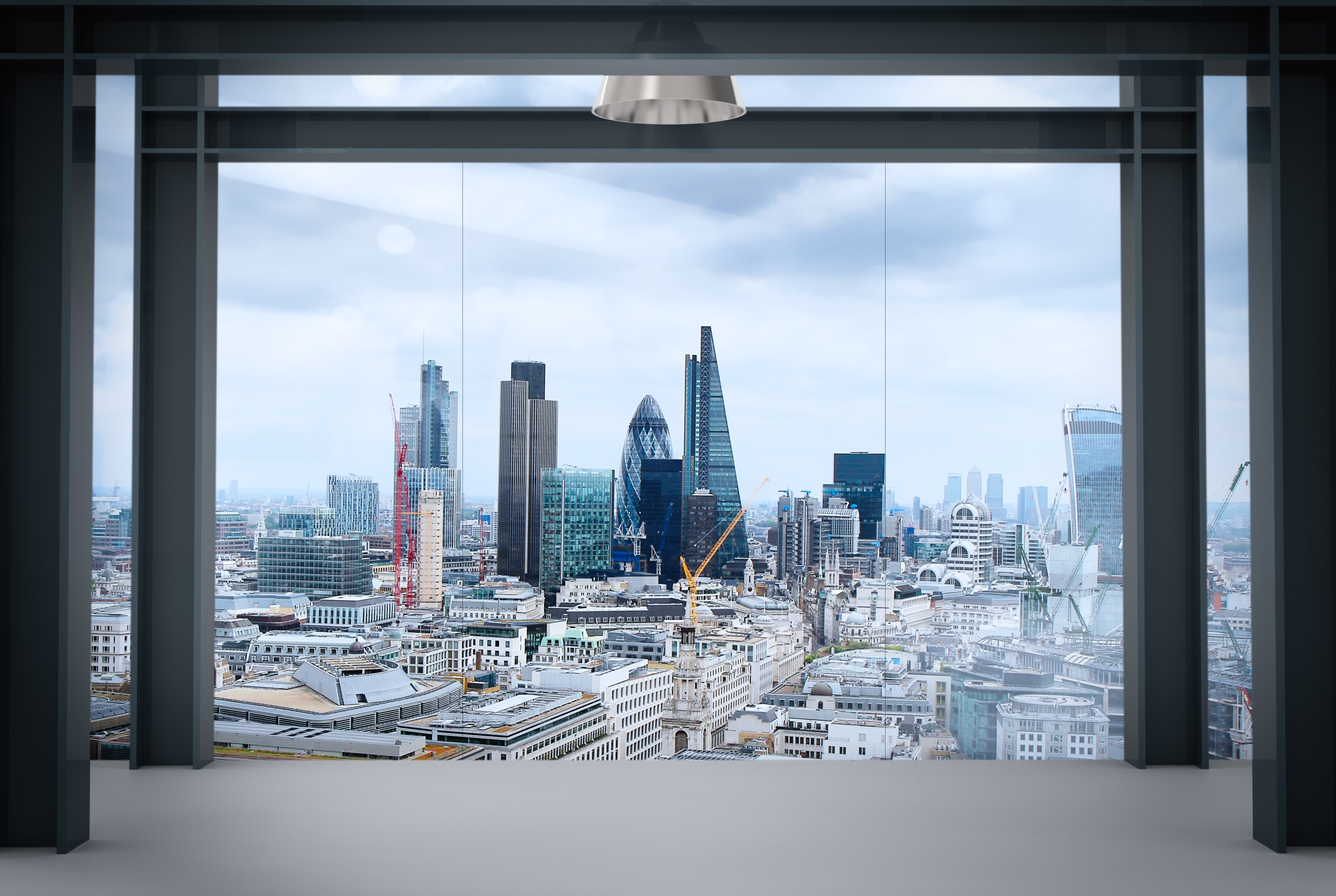 interior space of modern empty office interior with london city background
