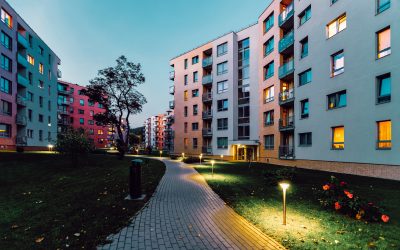 Apartment modern houses and homes residential buildings complex real estate concept. Street and outdoor. In the evening